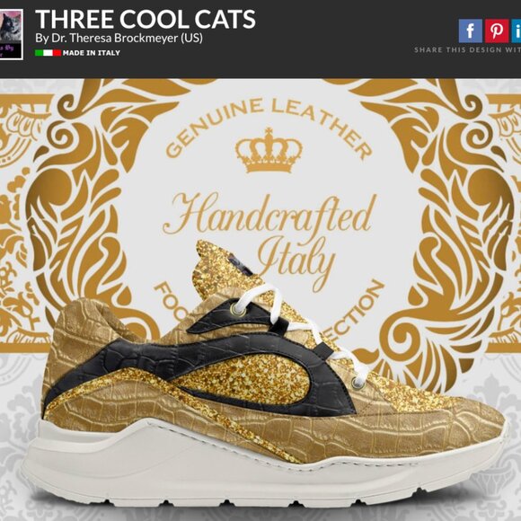 Three Cool Cats Designs by Theresa Brockmeyer Leather Gold sneakers run big - Picture 1 of 5